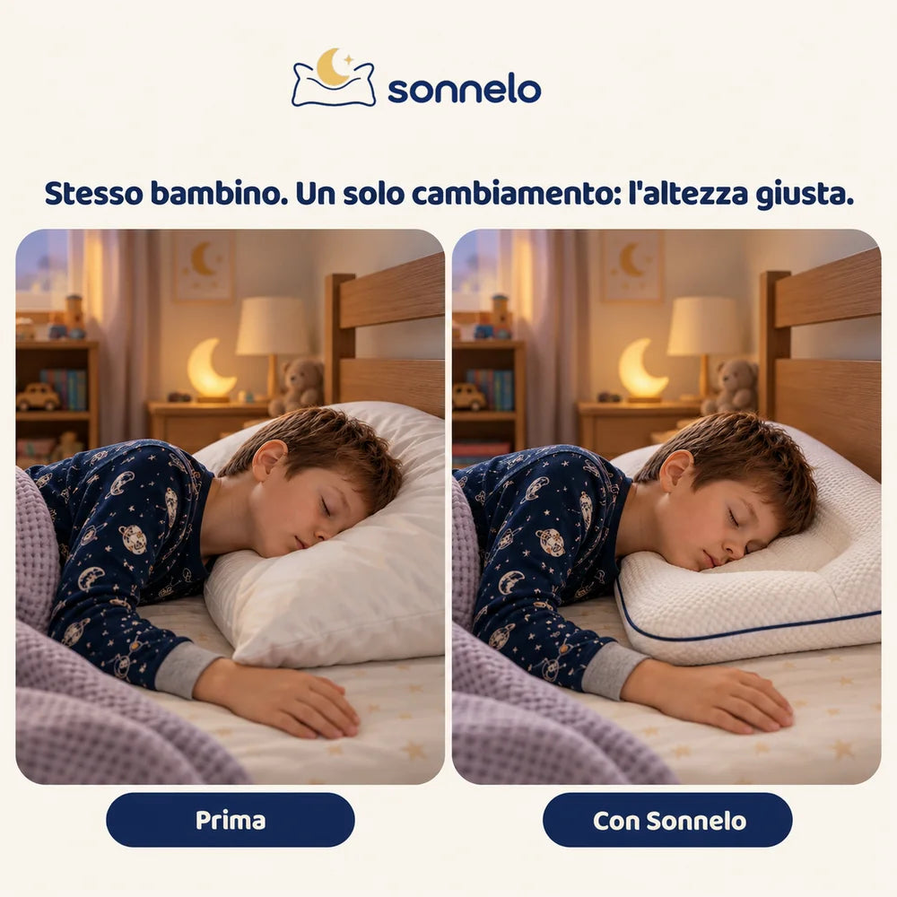 Stesso bambino su un cuscino da adulto e su Sonnelo: l'altezza giusta